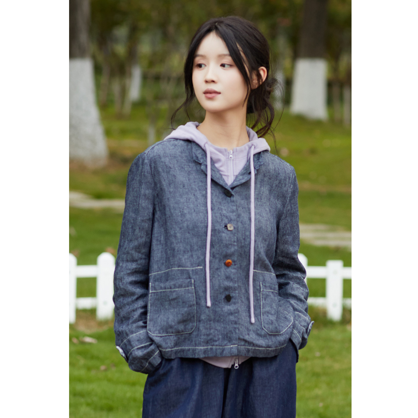 忘城H1321座/记忆的秋/秋重磅双面色织亚麻衬衫蓝色立领牛仔外套