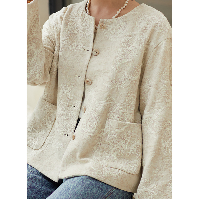 忘城T566座/云裳素影/早秋新款亚麻棉混纺佩利斯纹绣花外套薄款女