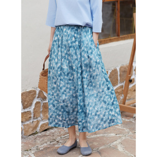 春季 蓝 21支亚麻重工仿蓝染文艺印花a字半身裙 风吹 忘城Y659座