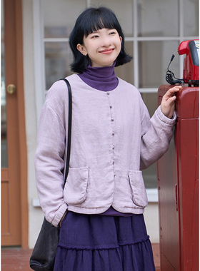 忘城N389座/紫色故事/23冬新品色织亚麻圆领减龄短款文艺棉服女