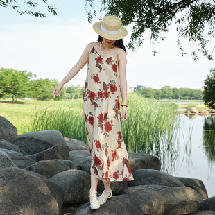 新款 2023夏季 42支苎麻红色印花吊带连衣裙 国色天香 忘城N302座