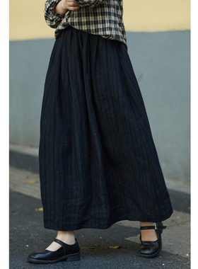 忘城T592座/从容底色/秋款砂洗亚麻黑色提花显瘦a字半身裙女