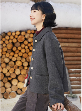 忘城A774座/把生活变慢/冬季箱型显瘦灰色斜纹羊毛呢保暖翻领外套