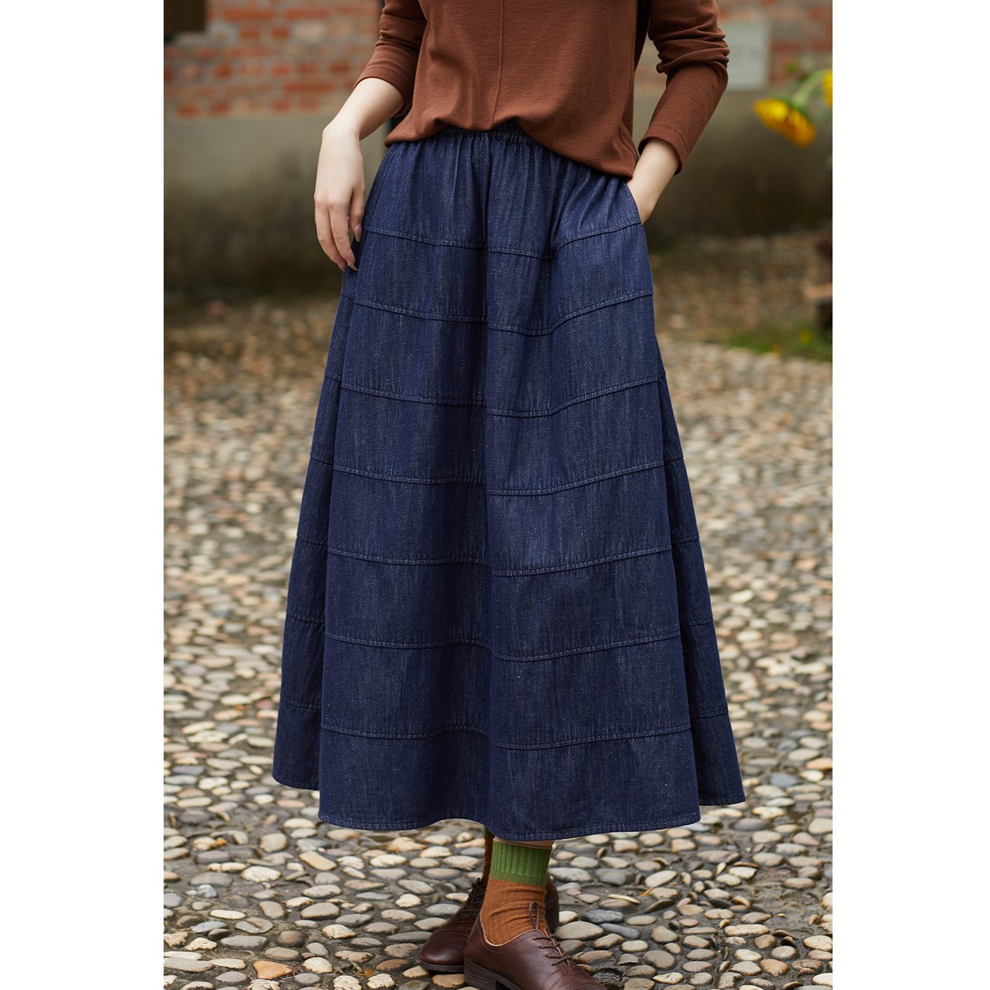 忘城H1367座/一叶梧桐/秋冬新款汉麻棉色织牛仔半身裙复古a字半裙