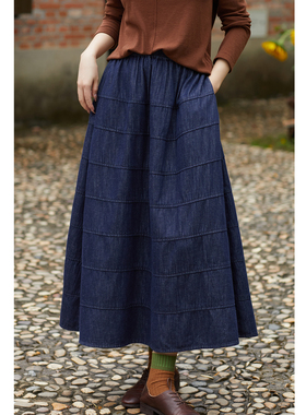 忘城H1367座/一叶梧桐/秋冬新款汉麻棉色织牛仔半身裙复古a字半裙