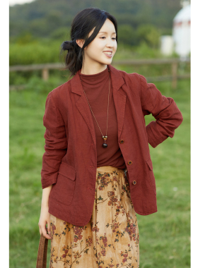 忘城T608座/落秋/秋款21支色织亚麻双层文艺西装领外套中长款上衣