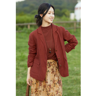领外套中长款 忘城T608座 21支色织亚麻双层文艺西装 秋款 上衣 落秋