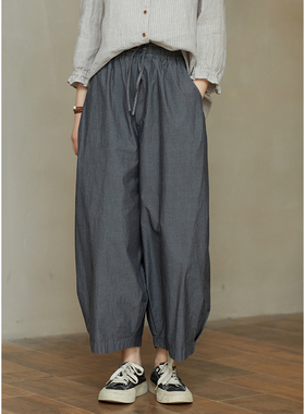 忘城H1250座/本质和现在/夏新款100%匹马棉灰色气球裤系带裤子女