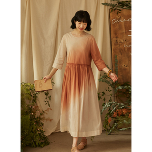 新品 2024春季 100支匹马棉文艺渐变吊染连衣裙女 茶色 忘城H731座