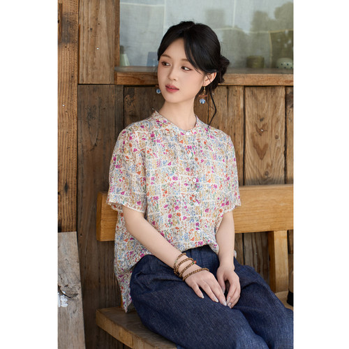 文艺短袖21支亚麻上衣印花衬衫女