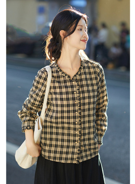 忘城T591座/秋月夜/早秋新款100%棉正肩显瘦文艺格子衬衫长袖上衣