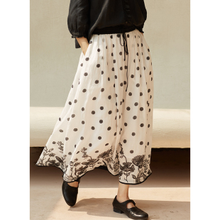 42支苎麻天丝波点印花文艺半身裙女 春夏新品 忘城H750座 繁花景长