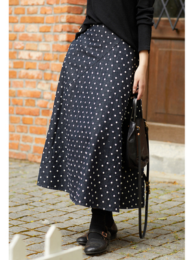 忘城C2007座/一半一半/秋季新款亚麻棉波点绣花双层鱼尾裙半身裙