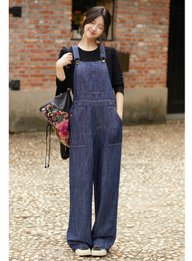 忘城C2008座/旷野/秋季新款棉麻混纺可调节肩带减龄牛仔背带裤女