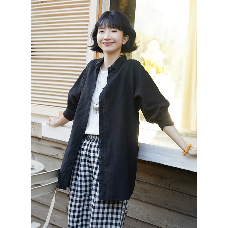 忘城N687座/万物和鸣/春季14支纯亚麻中长款百搭黑色衬衫风衣外套
