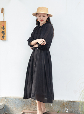 忘城T024座/魔力小黑裙/2022夏新款苎麻天丝皱感系带显瘦连衣裙