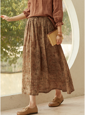 忘城H742座/夜花千树/24春夏新款42支苎麻A字文艺印花半身裙