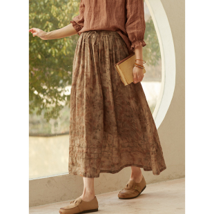 42支苎麻A字文艺印花半身裙 24春夏新款 忘城H742座 夜花千树