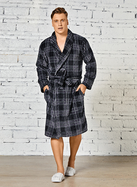 忘城V803座/安睡/2021冬新品珊瑚绒格纹黑灰色男士睡袍居家服保暖