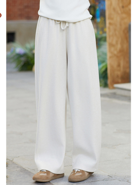 忘城N889座/小幸福/秋冬新款棉氨纶混纺米色百搭针织卫裤抽绳裤子