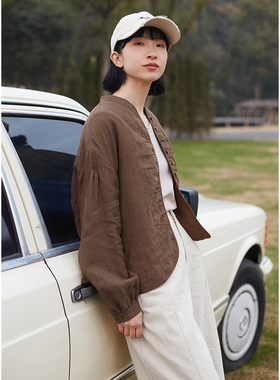 忘城L150座/在山野/2024春款21支干洗亚麻咖色小V领衬衫外套女