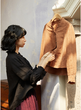 忘城A631座/另起一行的诗/早秋新款高端亚麻复古v领褶皱花边衬衫