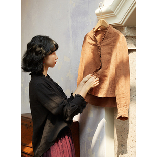 早秋新款 忘城A631座 另起一行 诗 高端亚麻复古v领褶皱花边衬衫