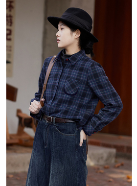忘城H1423座/松间雾/冬款羊毛混纺保暖加厚蓝色格子衬衫长袖衬衣