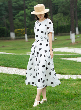 忘城N294座/知夏/2023夏季新款42支苎麻大波点小猫印花圆领连衣裙