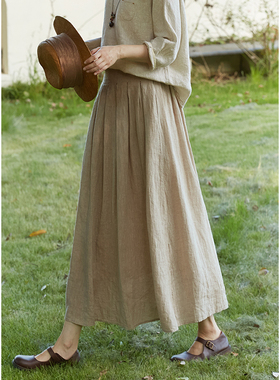 忘城N524座/田野之歌/早秋复古21支干洗亚麻工字褶花边a字半身裙