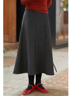 忘城C2035座/风/冬季新款羊毛醋酸深灰色毛呢半身裙保暖百搭半裙