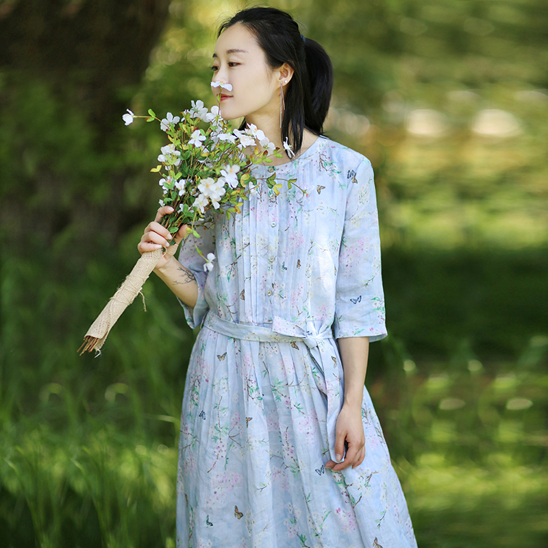 苎麻印花文艺长裙型印花