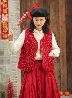 忘城S693座/人间烟火色/2022冬新年红澳毛提花加厚文艺V领马甲