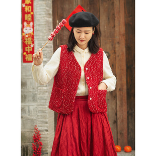 忘城S693座 2022冬新年红澳毛提花加厚文艺V领马甲 人间烟火色