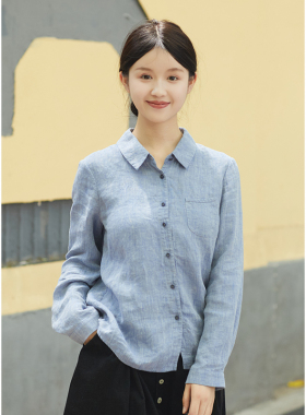 忘城A1018座/晨露书页/秋季新款21支色织亚麻长袖牛仔蓝衬衫叠穿