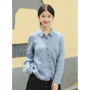 晨露书页 牛仔蓝衬衫 秋季 21支色织亚麻长袖 叠穿 新款 忘城A1018座
