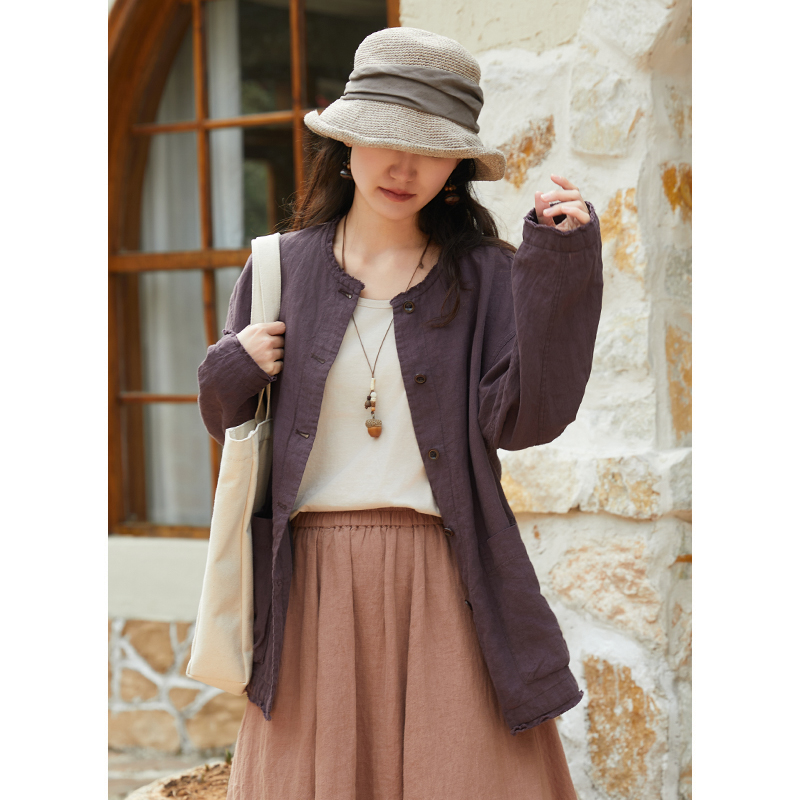 忘城Y648座/朝春天走去/春季21支干洗亚麻毛边圆领中长款衬衫外套