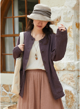 忘城Y648座/朝春天走去/春季21支干洗亚麻毛边圆领中长款衬衫外套