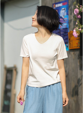 忘城T015座/凝脂白T/2022夏新款重磅新疆长绒棉Q弹酶洗白色T恤女