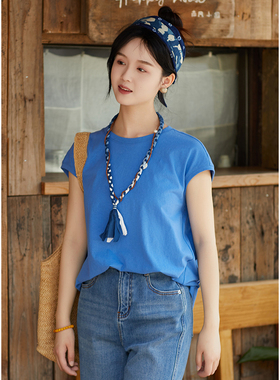 忘城N775座/天空之境/夏季新款100%纯棉细仿麻针织小飞袖短袖T恤