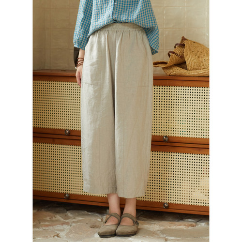 忘城N798座/阳光雨露/新款100%法国进口雨露麻原麻色直筒阔腿裤子