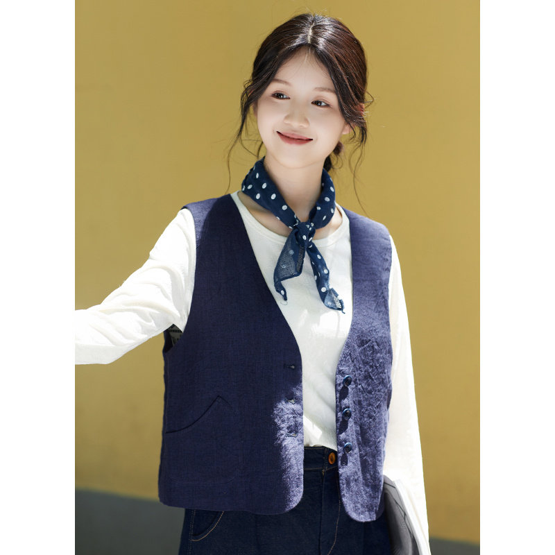 忘城N834座/织布画卷/秋季新款14支色织亚麻双层v领百搭马甲外套