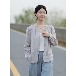 轻薄透气圆领衬衫 忘城Y676座 21支砂洗苎麻短款 春季 衬衣女 春天里