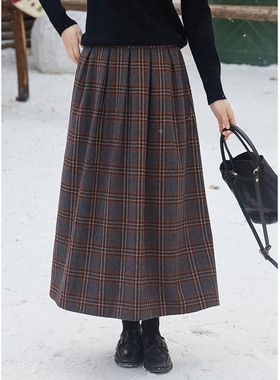 忘城T448座/远方/冬季新品羊毛混纺文艺格纹A字双层毛呢半身裙女