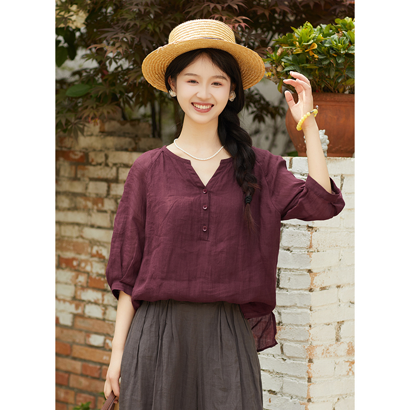 忘城N760座/夏日氧气/夏季新款100支苎麻透气柔软v领小衫衬衣上衣