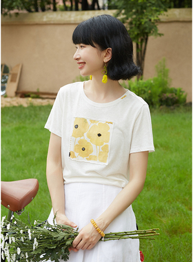 忘城Y474座/花开致夏/夏季新款棉麻混纺白色圆领正肩显瘦印花T恤