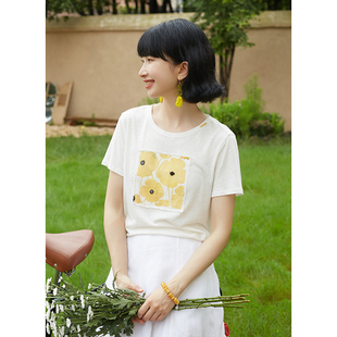 棉麻混纺白色圆领正肩显瘦印花T恤 忘城Y474座 花开致夏 夏季 新款