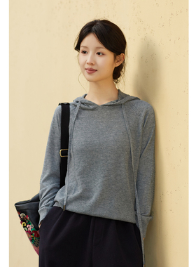 忘城T634座/悄然绽放/秋冬新款100%绵柔羊毛灰色连帽毛衣帽衫上衣