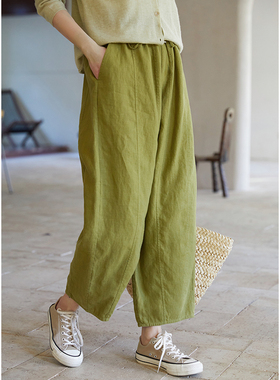 忘城N678座/青竹吟/新款9支全亚麻绿色全松紧阔腿休闲灯笼裤长裤
