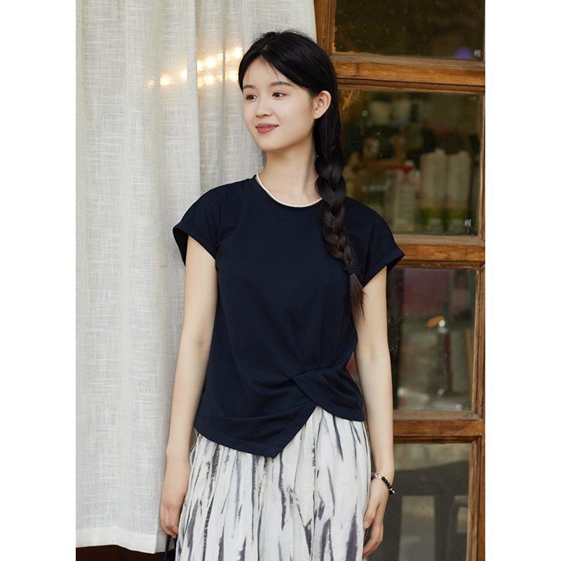 忘城H1192座/蝉鸣山夏/夏季结构感T恤棉氨微弹百搭显瘦短袖上衣女
